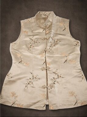 Vintage Chinese Silk Blend Mandarin Collar Frog Closure Embroidered Vest Top L